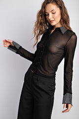 MT3555 SHEER LACE BUTTON DOWN LONG SLEEVE TOP