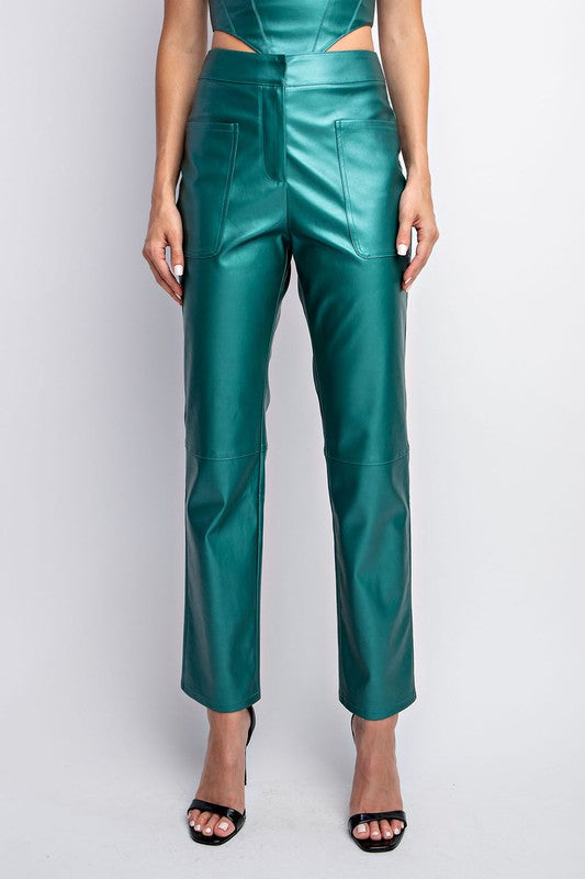 CP3548 METALLIC STRETCHED LEATHER  STRAIGHT PANTS