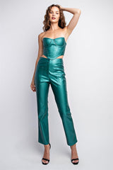 CT3546 METALLIC STRETCHED FAUX LEATHER CORSET TOP