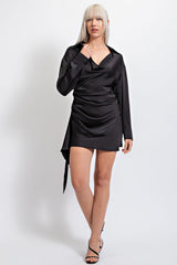 CD3331 SATIN COWL NECK RUCHED DETAIL LONG SLEEVE MINI DRESS