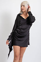 CD3331 SATIN COWL NECK RUCHED DETAIL LONG SLEEVE MINI DRESS
