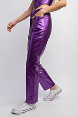 CP3548 METALLIC STRETCHED LEATHER  STRAIGHT PANTS
