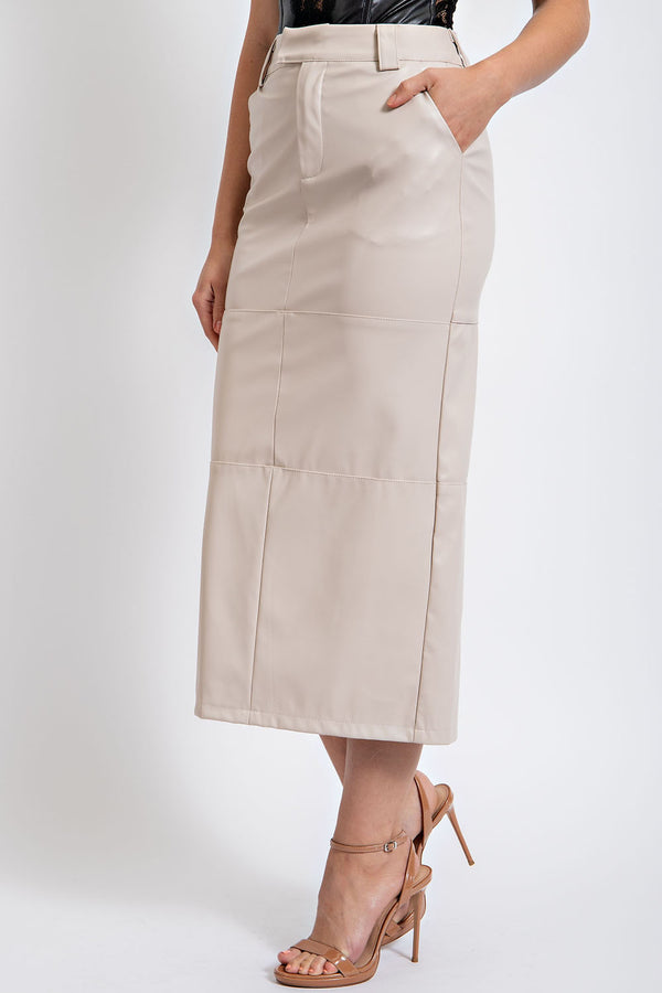 CS3190 FAUX LEATHER MIDI SKIRT WITH POCKET DETAIL