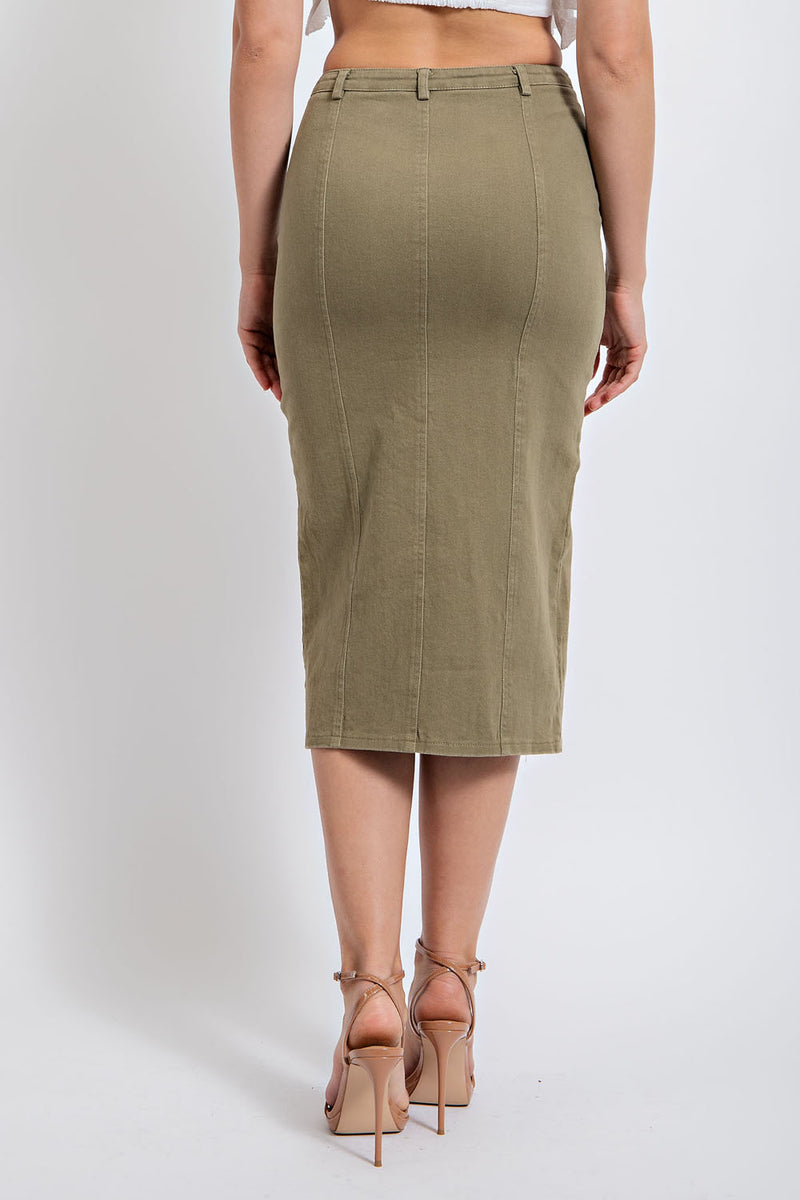 CS3278 SOLID TWILL MIDI SKIRT WITH FRONT SLIT
