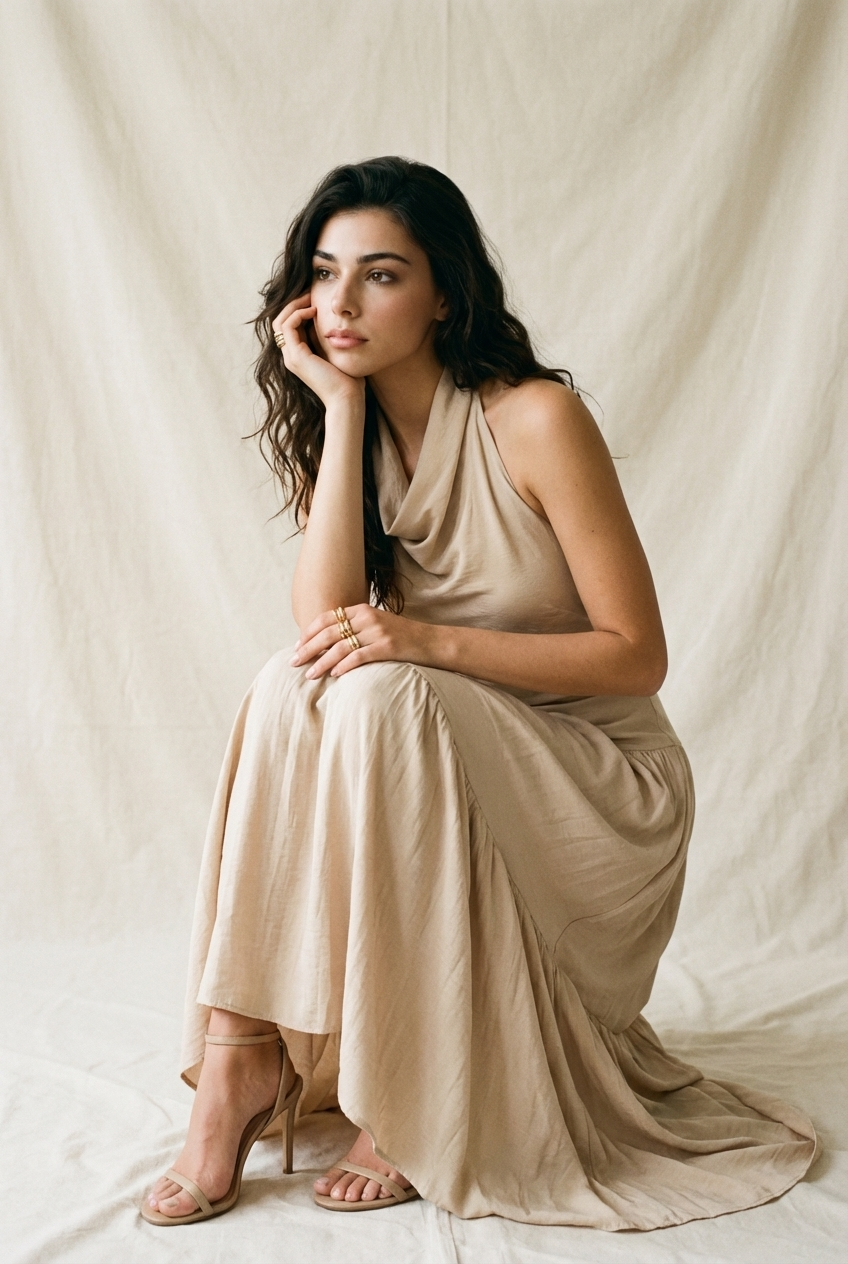 COWL HALTER NECK TIERED RUFFLE ANKLE MAXI DRESS WITH BACK TIE