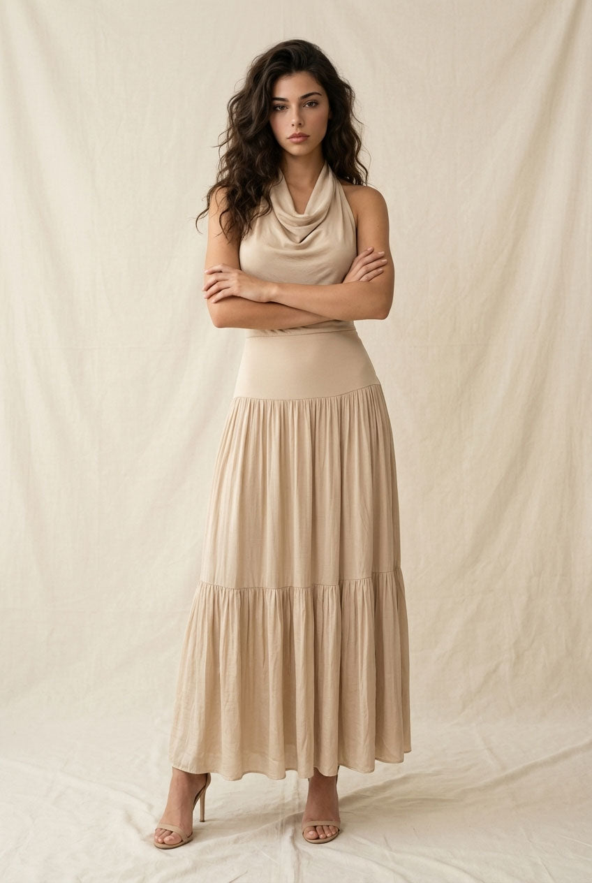 COWL HALTER NECK TIERED RUFFLE ANKLE MAXI DRESS WITH BACK TIE