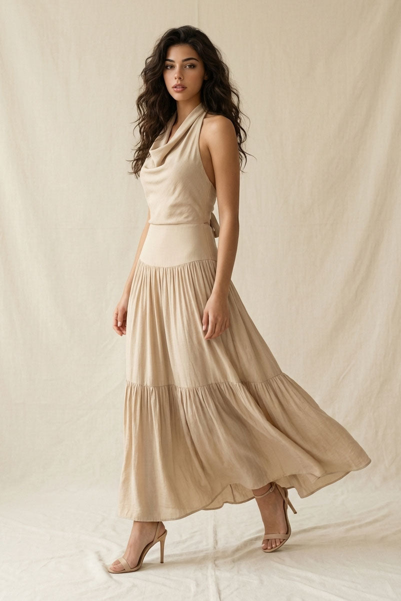 COWL HALTER NECK TIERED RUFFLE ANKLE MAXI DRESS WITH BACK TIE
