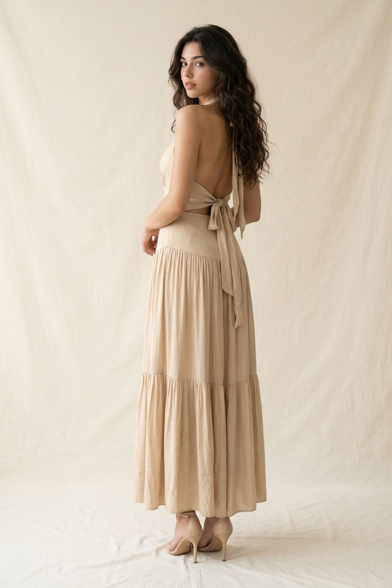 COWL HALTER NECK TIERED RUFFLE ANKLE MAXI DRESS WITH BACK TIE