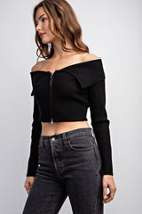 MT3521 OFF THE SHOULDER RIBBED  ZIP-UP SWEATER TOP