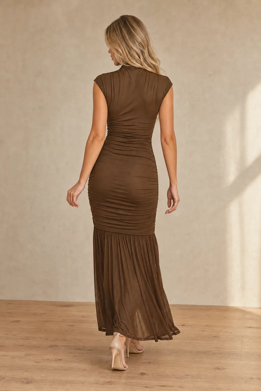 MESH MOCK NECK RUCHED BODY MAXI DRESS