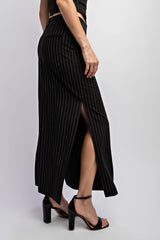 TS3897 PINSTRIPE WOVEN MAXI SKIRT  WITH SIDE SLITS