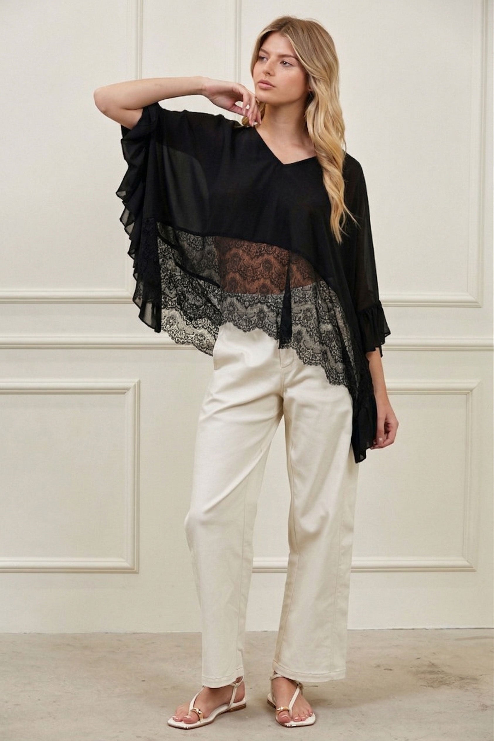 RUFFLED SHEER CHIFFON AND LACE PONCHO