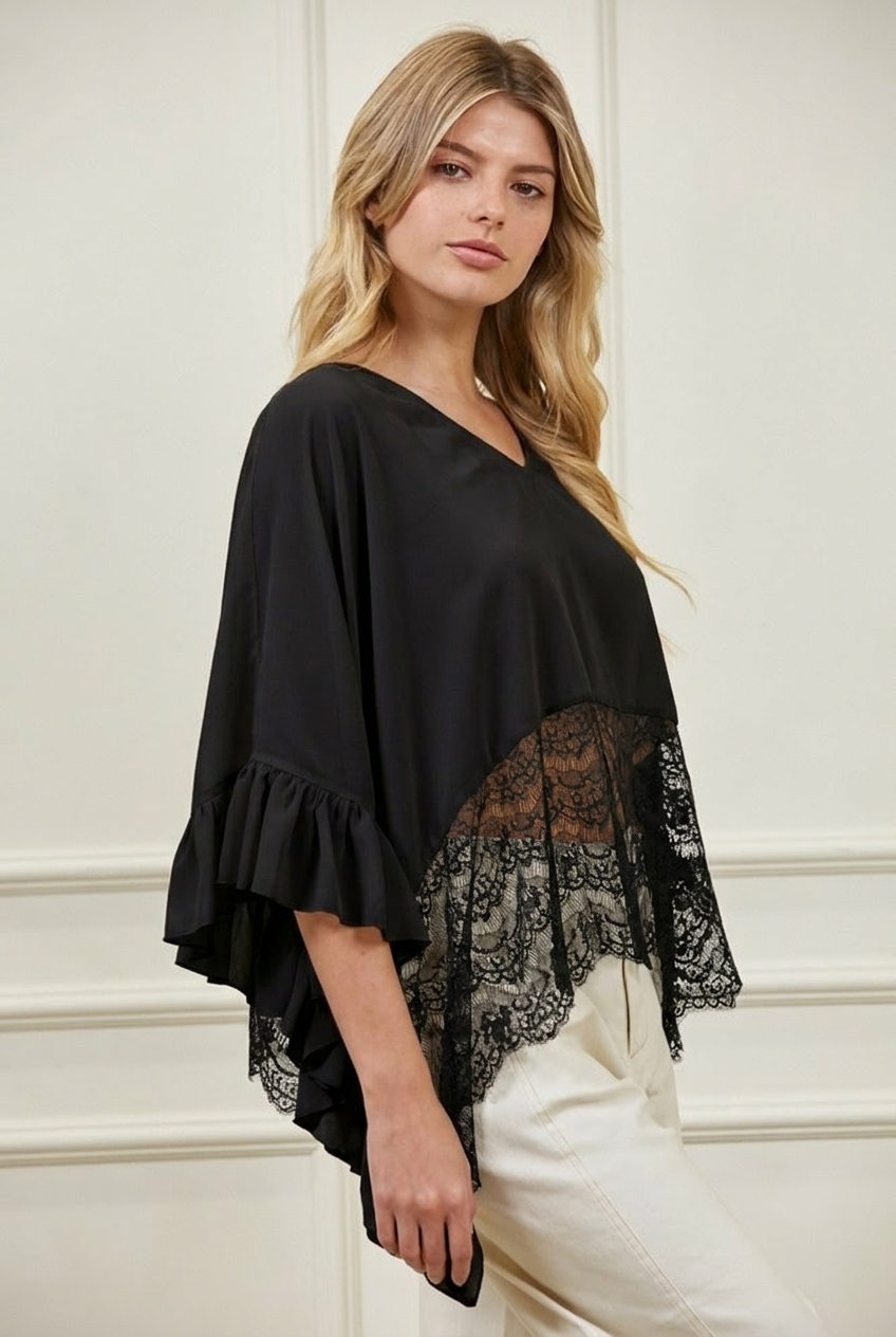 RUFFLED SHEER CHIFFON AND LACE PONCHO