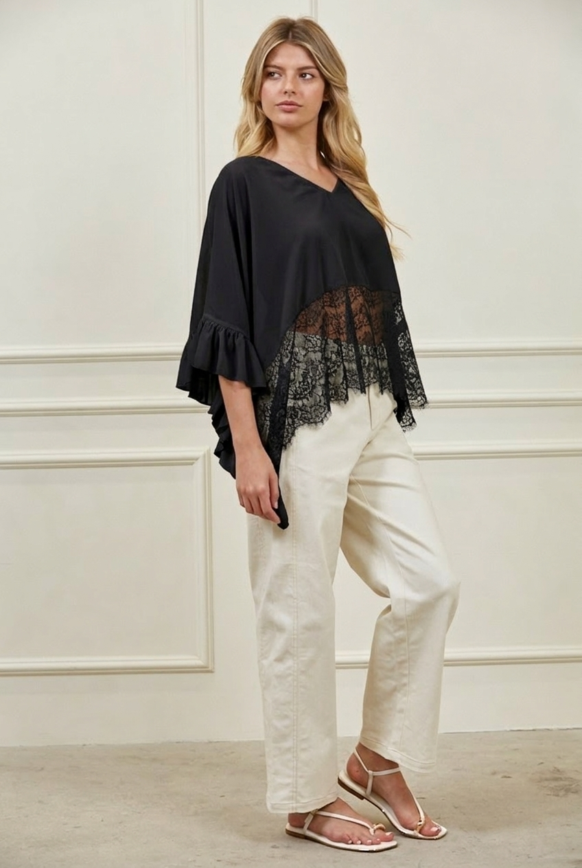 RUFFLED SHEER CHIFFON AND LACE PONCHO