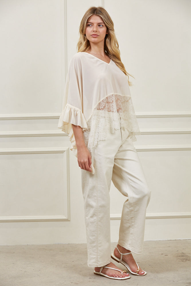 RUFFLED SHEER CHIFFON AND LACE PONCHO