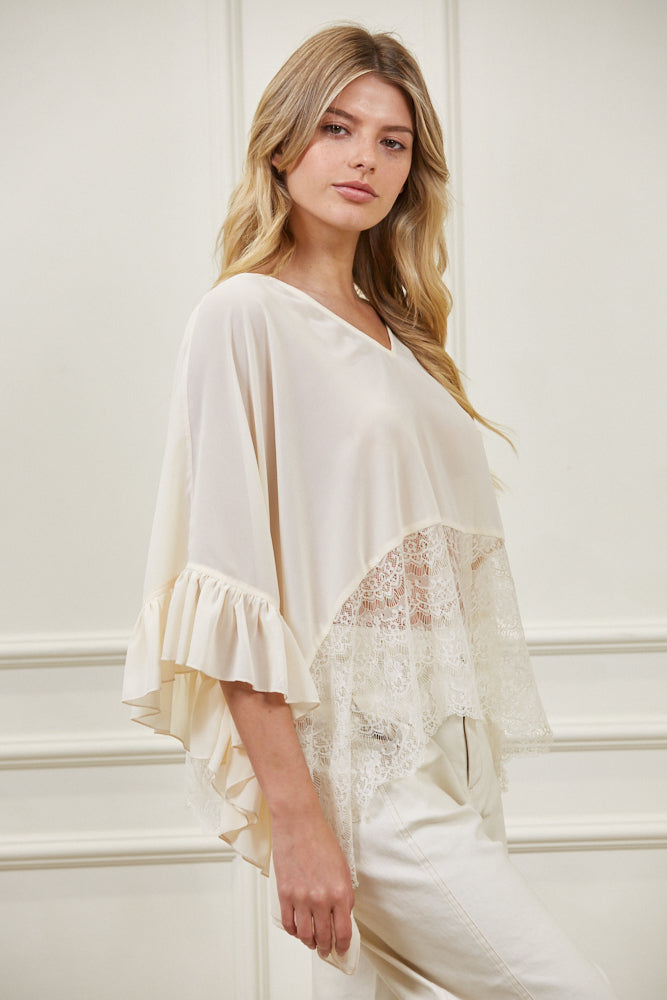 RUFFLED SHEER CHIFFON AND LACE PONCHO
