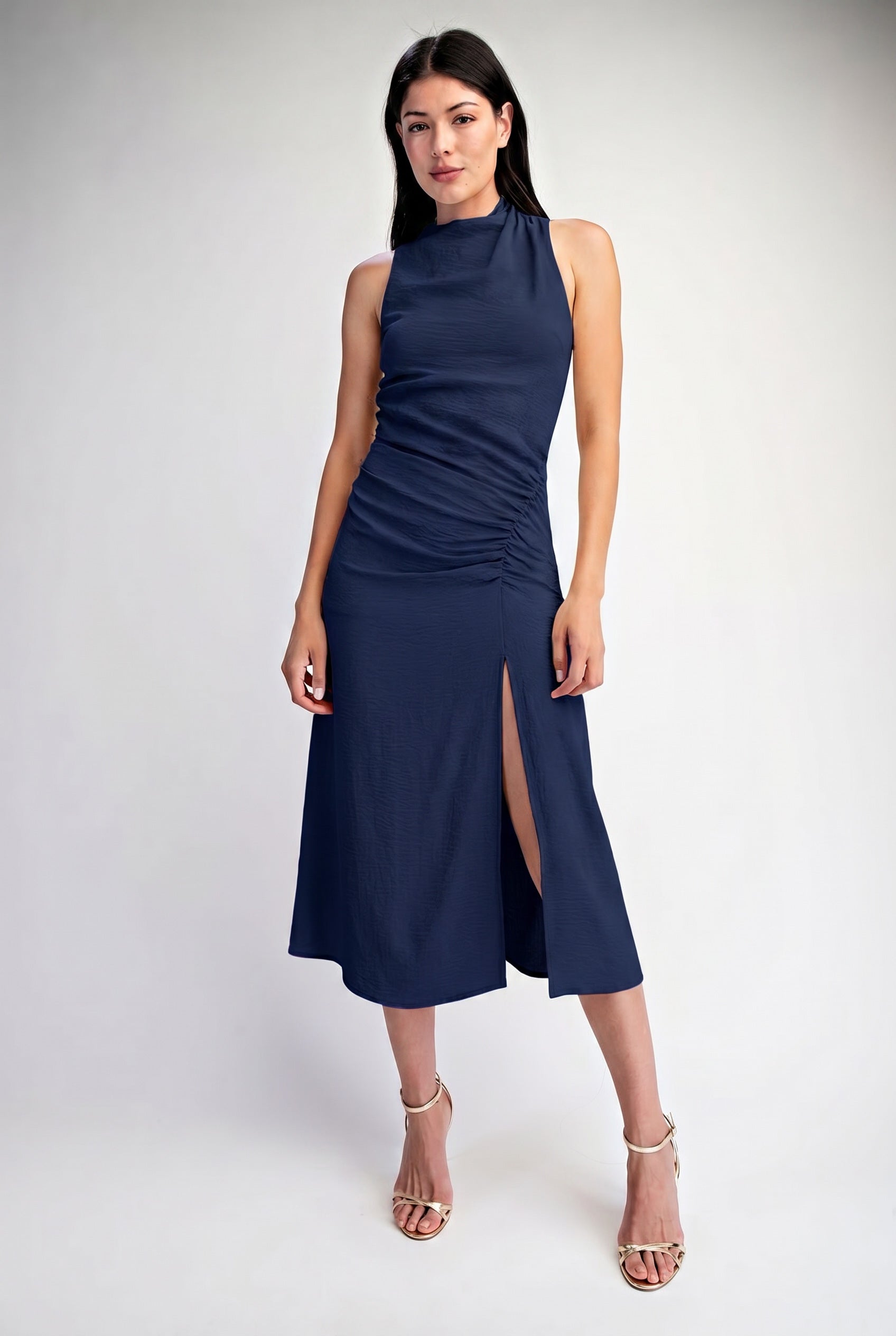 SLEEVELESS RUCHING DETAIL MIDI DRESS W/ SLIT