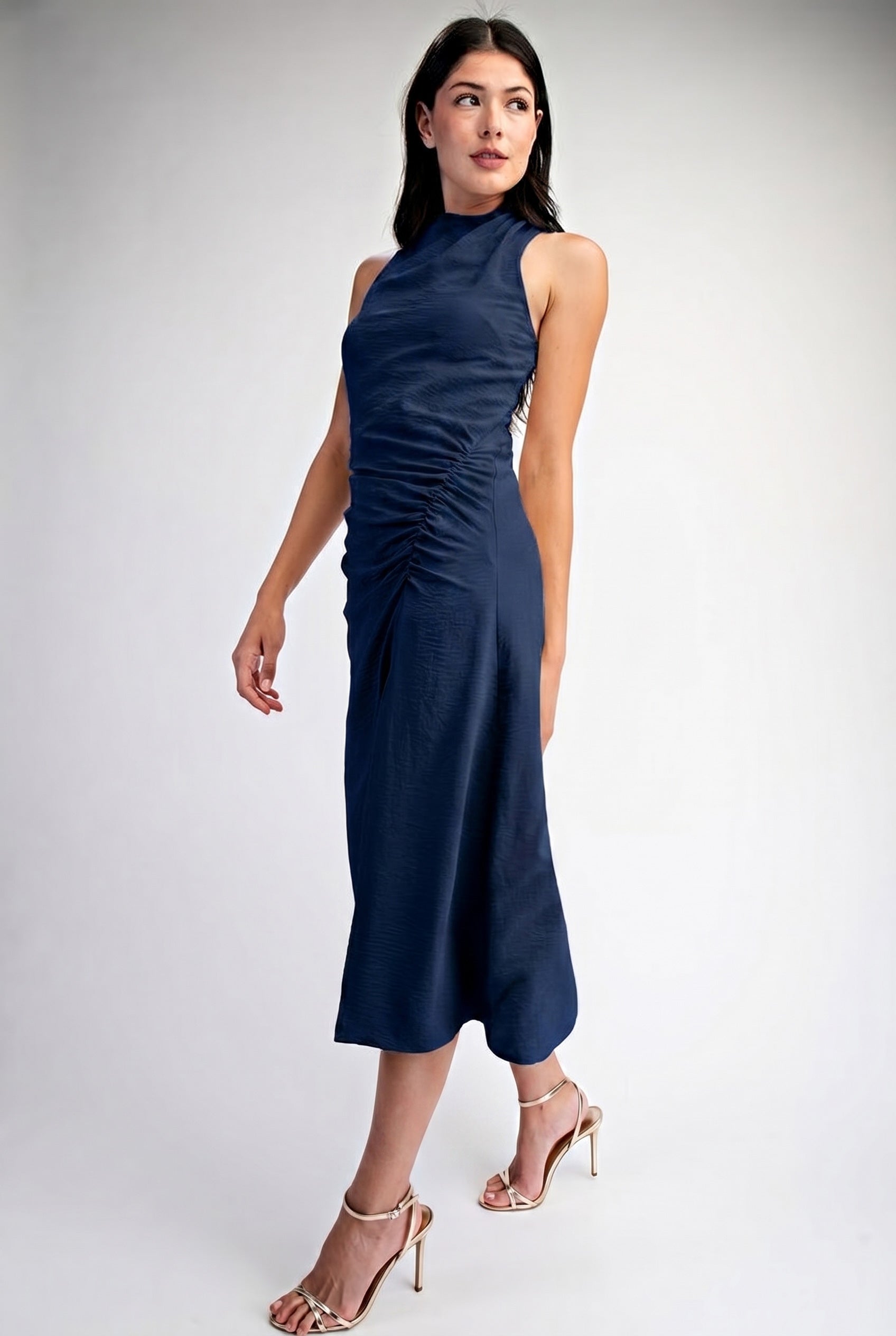 SLEEVELESS RUCHING DETAIL MIDI DRESS W/ SLIT