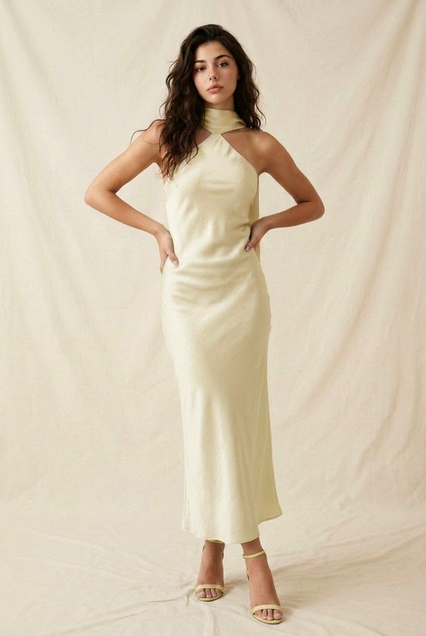 CRINKLED SATIN MAXI DRESS WITH ATTACHED SCARF DETAIL