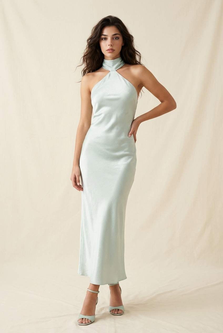 CRINKLED SATIN MAXI DRESS WITH ATTACHED SCARF DETAIL