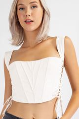 CT1449 COTTON TWILL CORSET TOP WITH EYELETS & SPAGHETTI TIES AT SIDES