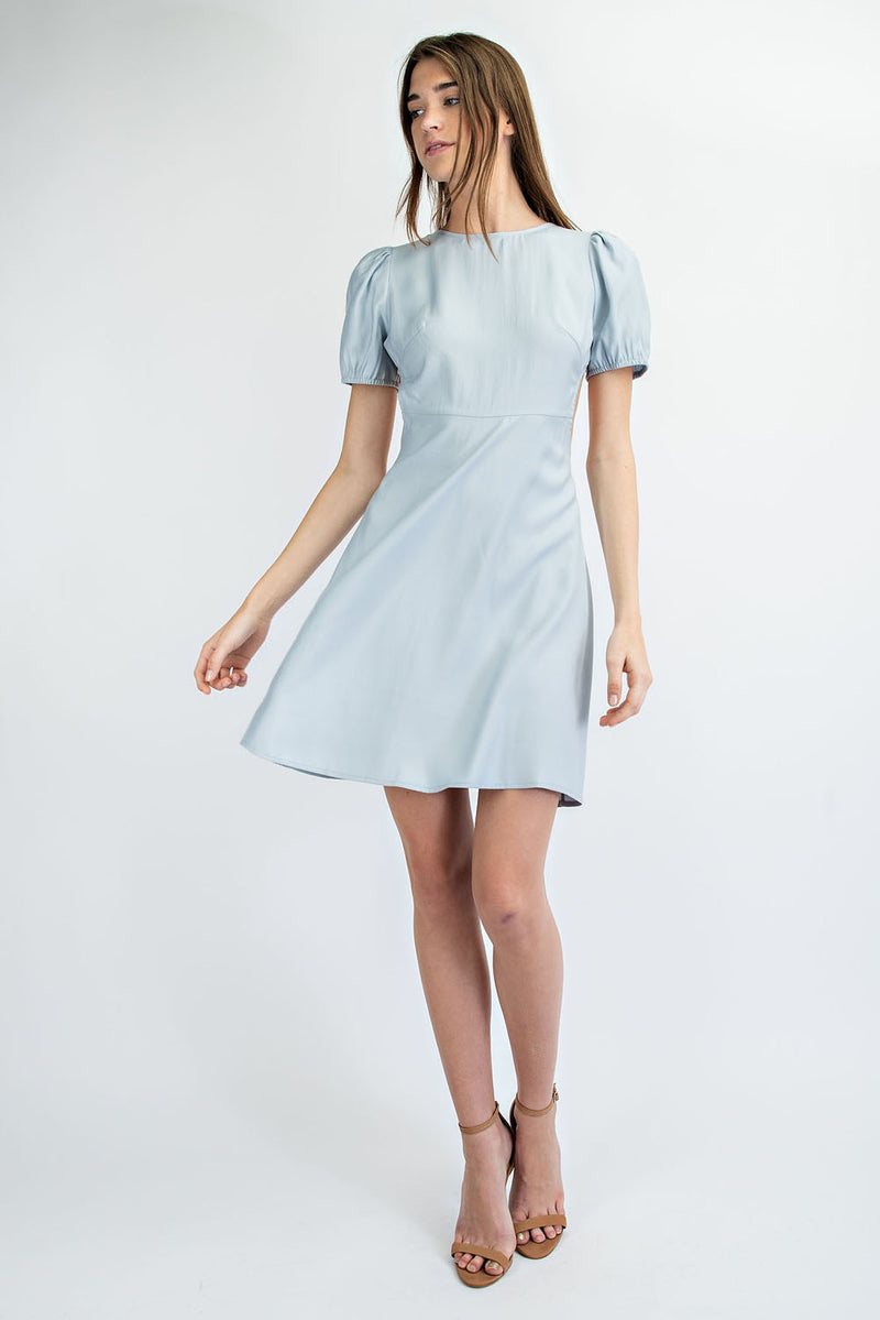 CD1279 MINI DRESS WITH RUCHED SIDE CUT OUTS AND PUFF SLEEVES