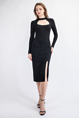 CD1680 BRUSHED KNIT CUT OUT MIDI DRESS WITH SKIRT SLIT