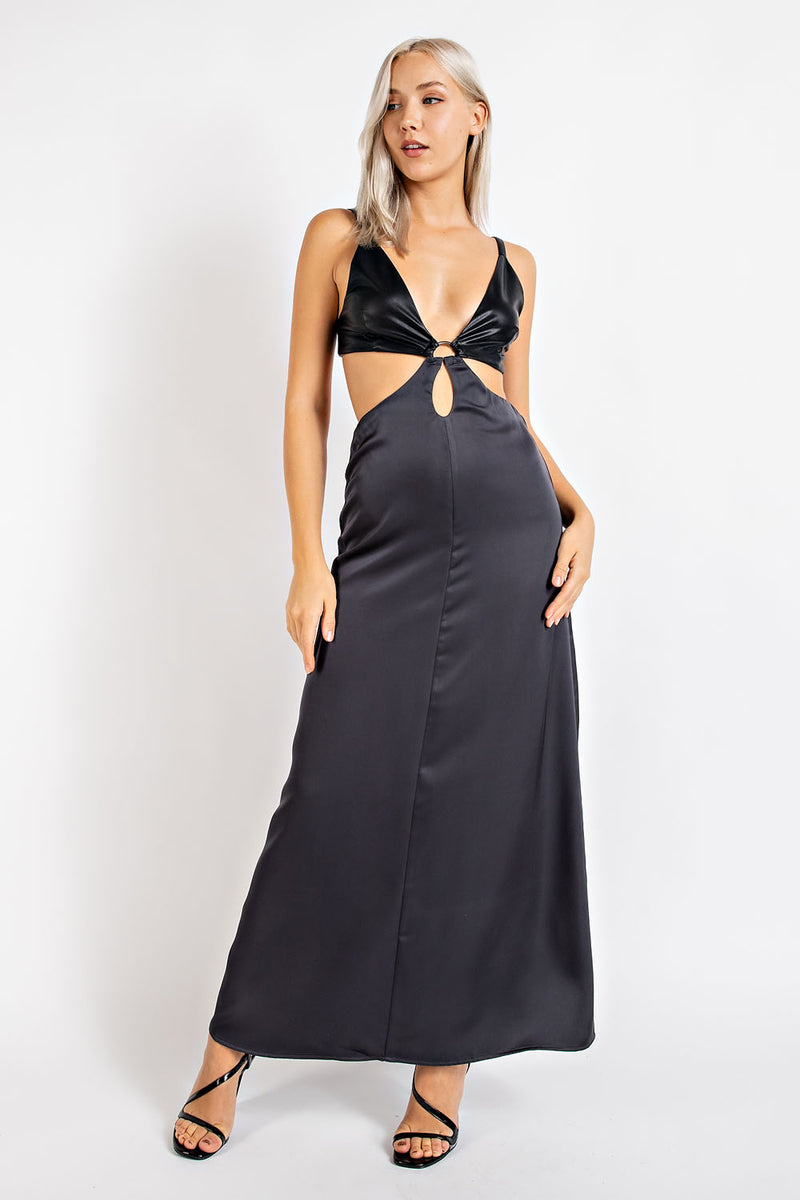 CD2357 MAXI DRESS SATIN BOTTOM WITH LEATHER TOP