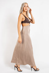 CD2357 MAXI DRESS SATIN BOTTOM WITH LEATHER TOP