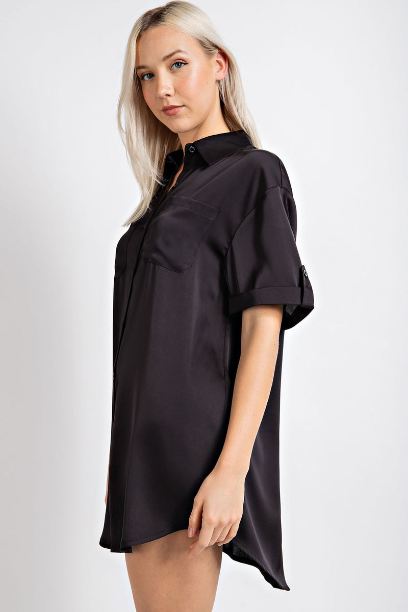 CT2390 SATIN ROLL UP SHORT SLEEVE BUTTON DOWN SHIRT DRESS – Editbynine