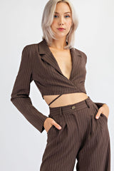CJ1485 STRIPED CROPPED BLAZER WITH SELF FUNCTIONAL TIES AT WAIST