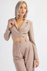 CJ1485 STRIPED CROPPED BLAZER WITH SELF FUNCTIONAL TIES AT WAIST