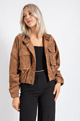 CJ2232 FAUX SUEDE STAND COLLAR JACKET WITH  FLAP POCKETS