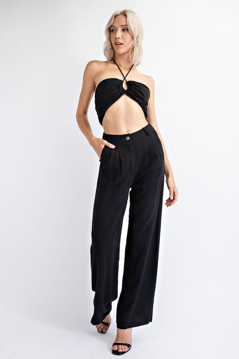 CP1394 HIGH WAISTED LINEN TROUSERS WITH WAIST BUTTON CLOSURE  AND POCKETS. WORN AS A SET WITH CT1392