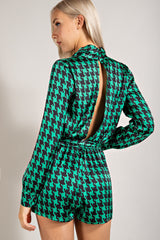 CP2233 SATIN HOUNDSTOOTH LONG SLEEVES ROMPER W/ SHAWL NECK