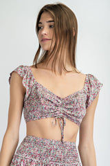 CT1272 SMOCKED RUCHED FRONT CROP TOP WITH FLUTTER SLEEVES.  COLORS: WHT/PINK, WHT/BLUE