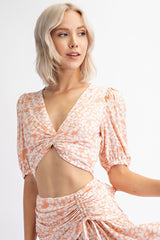 CT1346 TWIST FRONT SHORT SLEEVE CROP TOP WITH ADJUSTABLE WAIST TIE. WORN AS A SET WITH CS1347