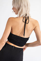 CT1392 DRAWSTRING FRONT LINEN HALTER BRALETTE TOP WITH RUCHED BODICE. WORN AS A SET WITH CS1393