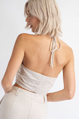 CT1392 DRAWSTRING FRONT LINEN HALTER BRALETTE TOP WITH RUCHED BODICE. WORN AS A SET WITH CS1393