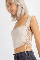 CT1449 COTTON TWILL CORSET TOP WITH EYELETS & SPAGHETTI TIES AT SIDES