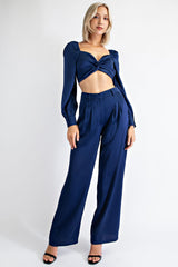 CT1459 SATIN CROPPPED LONG SLV PEASANT TOP KNOT