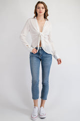 CT1782LONG SLEEVE TIE FRONT RAYON CREPE SHIRT