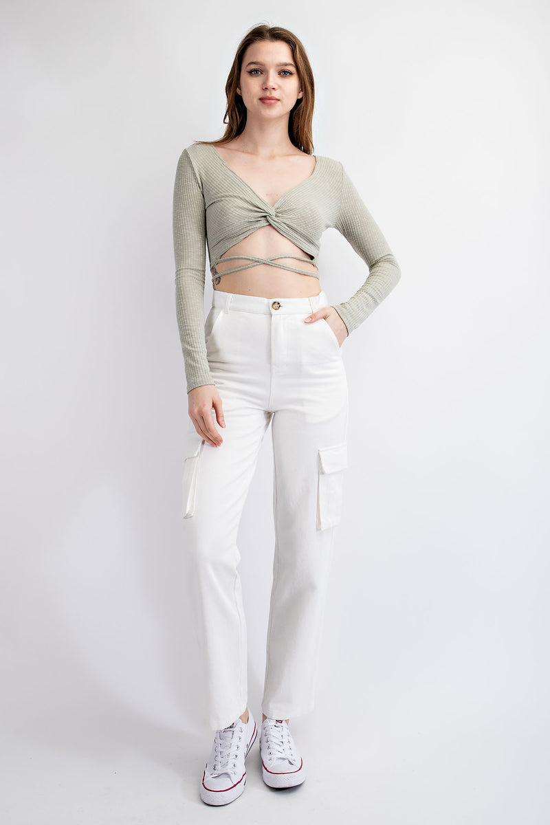 CT1795 TWIST FRONT KNIT LONG SLEEVE CROP TOP WITH TIE WAIST