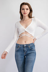 CT1795 TWIST FRONT KNIT LONG SLEEVE CROP TOP WITH TIE WAIST