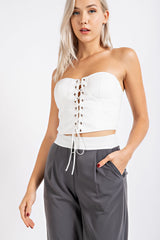 CT2454 TWILL CORSET TUBE TOP W/ FRONT LACE UP
