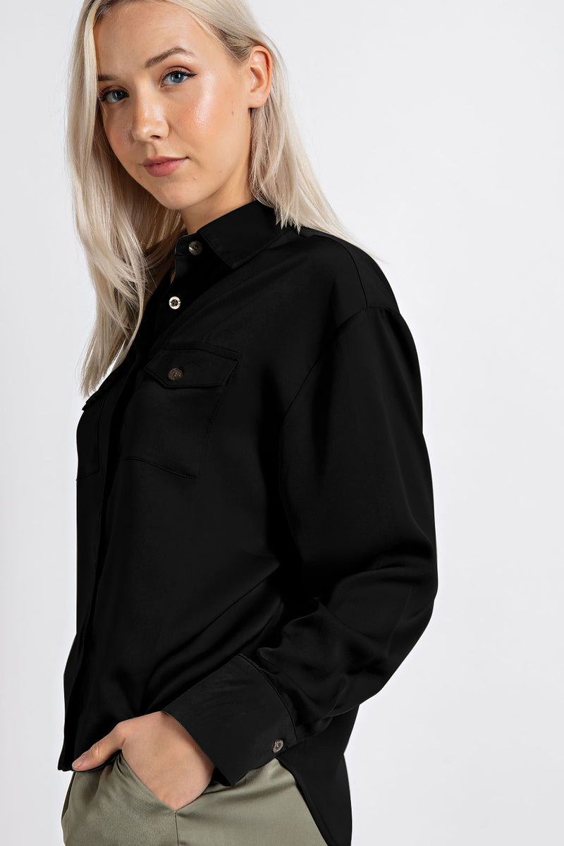 CT2487 SATIN BUTTON DOWN SHIRT W/ FRONT POCKETS