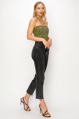 CT2828 DENIM RAW EDGE CROPPED TOP WITH FRONT POCKETS