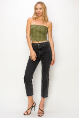 CT2828 DENIM RAW EDGE CROPPED TOP WITH FRONT POCKETS