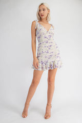 MD1079 FLORAL RUCHED MINI DRESS WITH ADJUSTABLE SLEEVE TIE