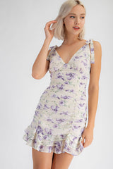 MD1079 FLORAL RUCHED MINI DRESS WITH ADJUSTABLE SLEEVE TIE